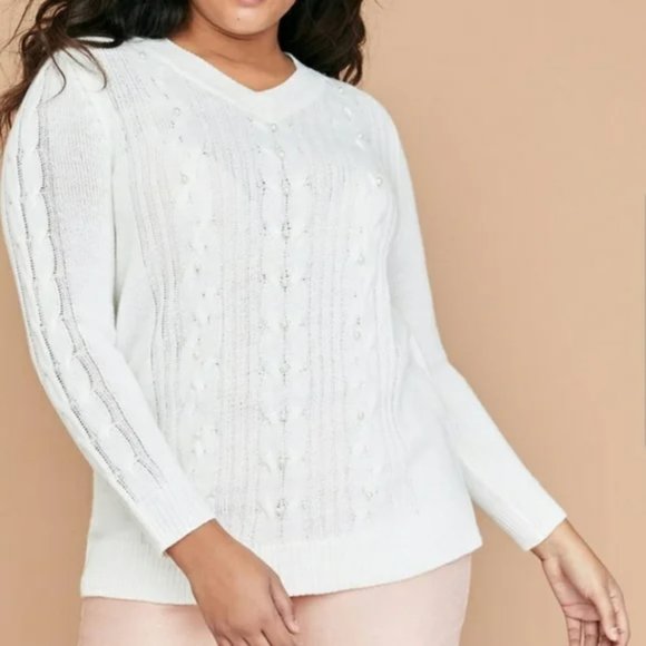 Lane Bryant Ivory Pearl Embellished Plus Size Cable Knit Long Sleeve Sweater - Picture 1 of 6